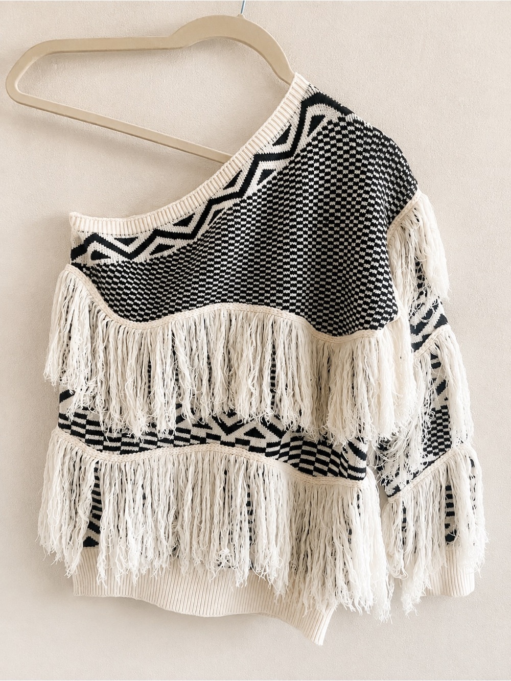 Mazik Black and Cream Geometric Fringe Knit off the shoulder sweater